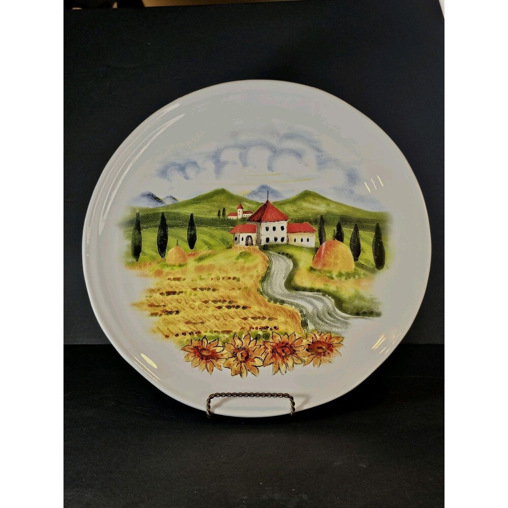 Ceramica Cuore Italy 15” Round Platter Hand Painted Sunflowers & Tuscan Villa